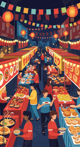Vibrant Night Market Scene with Food Stalls and People Enjoying Street Food