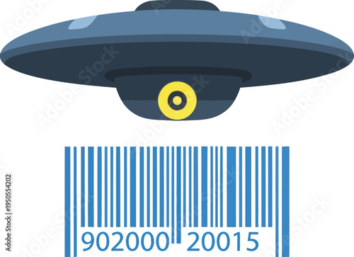 A blue ufo with a yellow eye scans a blue barcode