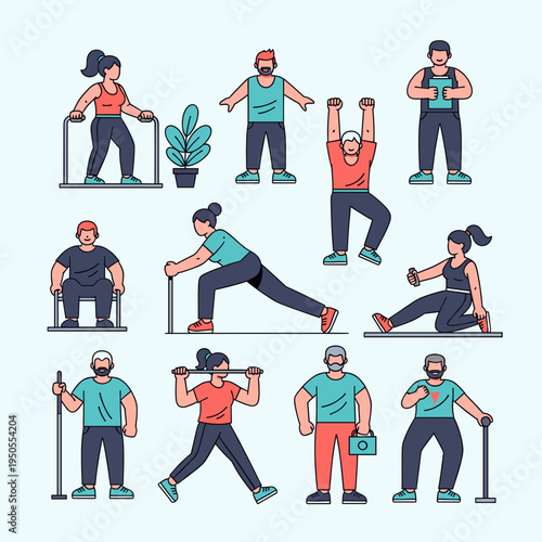 People of various ages performing different exercises and physical activities, promoting health and fitness.