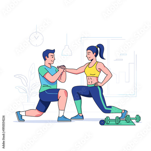 A man and a woman performing lunges together, holding hands during a workout session.