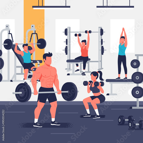 An illustration of a vibrant gym interior with diverse people engaged in various fitness activities and weightlifting exercises.