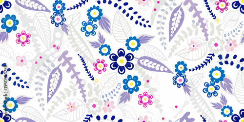 Colorful floral pattern with stylized leaves and scattered polka dots
