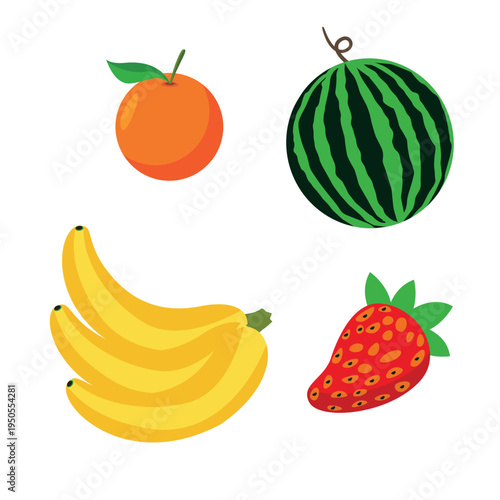 Cartoon vector collection of fresh ripe fruits including apple, orange, banana, lemon, pear, strawberry, cherry, pineapple, watermelon, peach and mango icons in a healthy food set