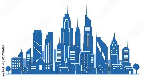 A stylized blue silhouette depicts a dense urban skyline with numerous skyscrapers and architectural details high quality professional detailed