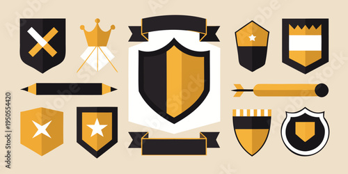 Modern gold and black shields, banners, crests, and emblems