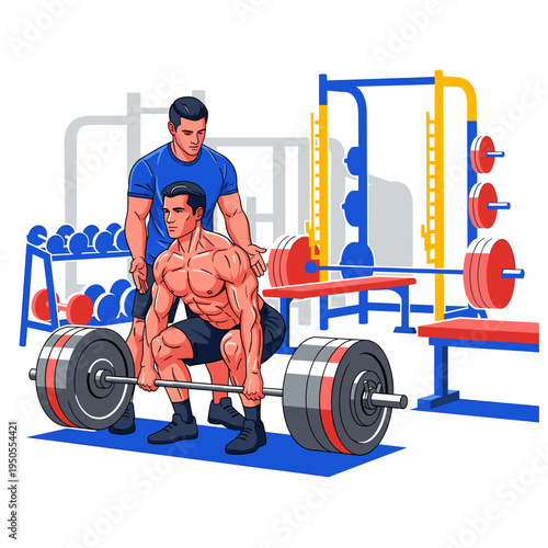 A muscular man performing a deadlift with a spotter guiding him in a well-equipped gym with weight racks and benches.