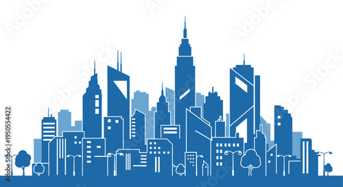 A stylized monochromatic blue illustration depicts a modern city skyline with numerous skyscrapers and trees high quality professional detailed