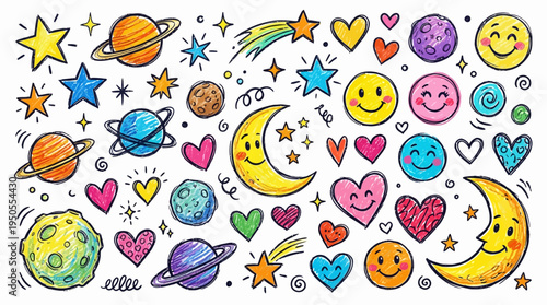 Colorful doodles of celestial bodies, smiling faces, and hearts creating a whimsical pattern