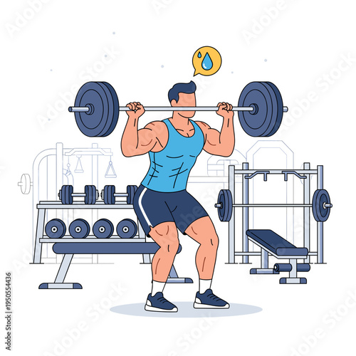 A muscular man performing an overhead barbell squat in a gym, demonstrating strength training and fitness.