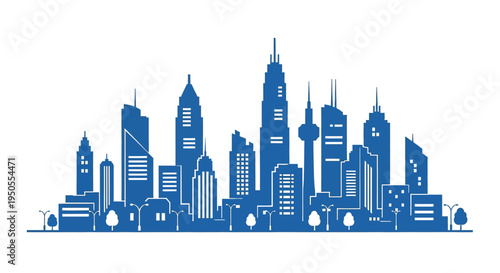 A stylized blue silhouette depicts a modern cityscape with various skyscrapers and architectural elements high quality professional detailed elegant