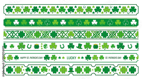 St. Patrick's Day Green Decorative Borders with Shamrocks, Clovers, Horseshoes, Leprechaun Hats, and Celtic Knots on an Isolated White Background for Festive Celebrations.