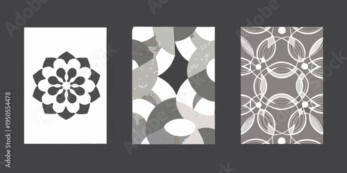 Three abstract grayscale patterns displayed on rectangular frames