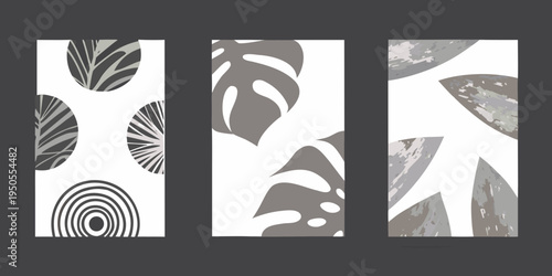 A triptych of minimalist botanical prints in grayscale hues