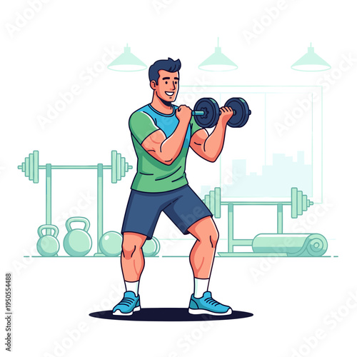 A fit man with short brown hair and a blue and green t-shirt is performing bicep curls with dumbbells in a gym.