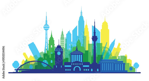 A vibrant stylized illustration showcases a diverse skyline featuring iconic landmarks from multiple global cities high quality professional detailed