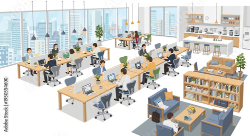 Modern open-plan office with diverse employees working productively