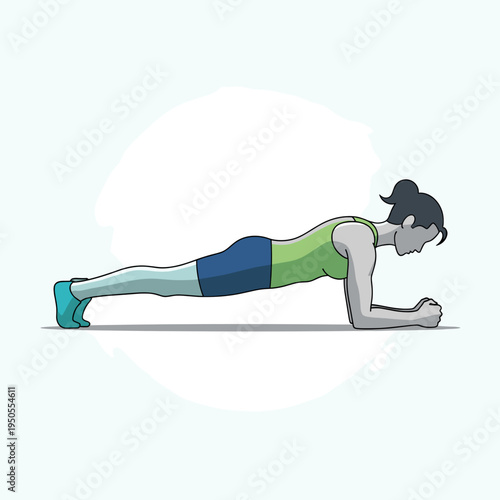 Illustration of a woman performing a forearm plank exercise, demonstrating core strength and fitness.