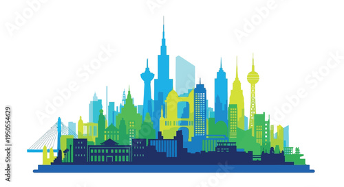 A vibrant stylized illustration depicts a modern cityscape with iconic buildings in shades of green and blue high quality