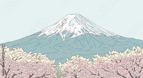 Majestic Mount Fuji Snow-Capped Peak with Blooming Cherry Blossoms in Spring