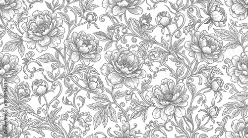 Detailed floral pattern featuring peonies and intricate vines on a white background