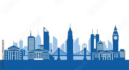 A striking blue and white cityscape silhouette showcases iconic buildings and bridges evoking a modern urban atmosphere high quality