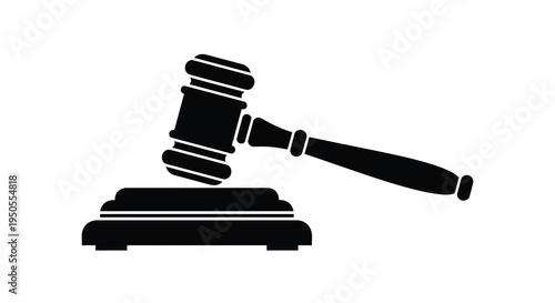 A stark black silhouette depicts a traditional gavel resting upon a sound block symbolizing legal authority high quality professional