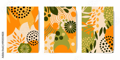 Three abstract botanical art panels with vibrant orange green and beige tones