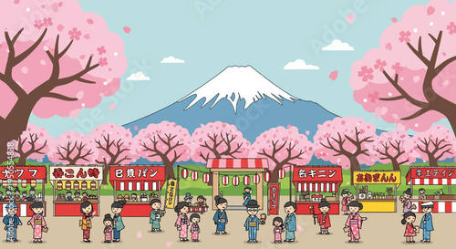 Pixel Art Japanese Festival with Mount Fuji and Cherry Blossoms