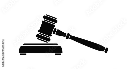 A stark black silhouette depicts a traditional gavel resting on a sound block symbolizing legal authority and judgment