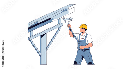 Construction painter at work: A construction worker in a hard hat meticulously paints metal structure with a paint roller, ensuring even coverage and attention to detail. 