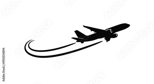 A sleek black silhouette of a passenger airplane in flight leaving a dynamic trail behind it high quality professional