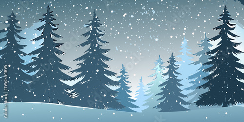 Winter landscape with snow covered trees and falling snowflakes