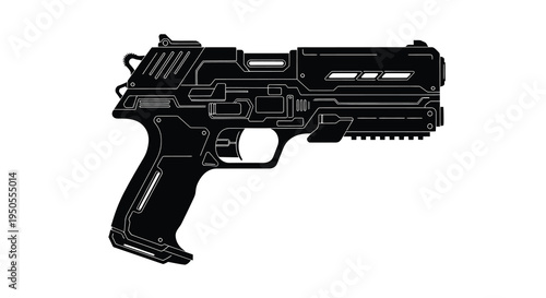 A stark black and white illustration depicts a futuristic handgun with sharp angles and detailed mechanical features high quality professional modern