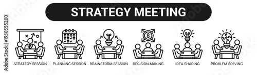 Strategy Meeting web banner icon vector illustration concept with icons of strategy session, planning session, brainstorm session, decision making, idea sharing, and problem solving.