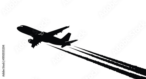 A silhouetted commercial airplane soars through the air leaving dark contrails streaming behind it against a white background