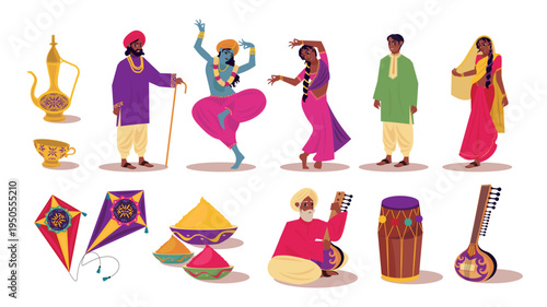 Happy Onam holiday elements set design. Collection with traditional indian harvest festival symbols, man and woman in colourful clothes, light lamps, kites, spices, sitar, drum. Vector illustration.
