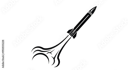 A sleek black silhouette of a rocket ascending with fiery exhaust trails against a stark white background high quality