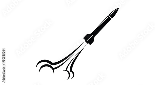 A sleek black rocket ascends with fiery exhaust trails against a plain white background symbolizing speed and propulsion