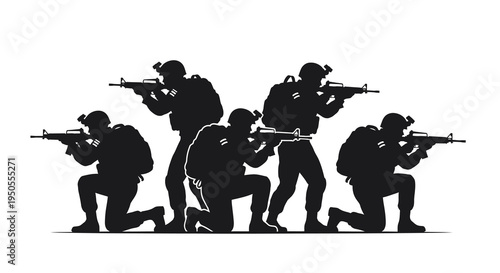 A stark black silhouette depicts a team of armed soldiers in tactical gear advancing forward high quality professional detailed
