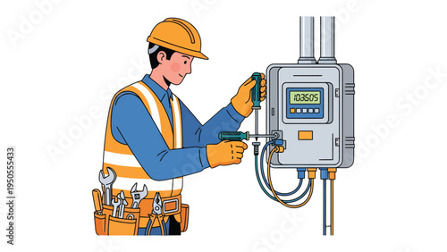 Expert Technician at Work: An expert technician, clad in a safety vest and helmet, meticulously works on a sophisticated electrical panel.