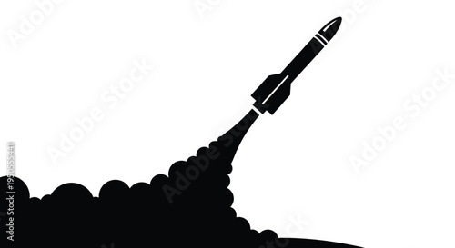 A striking silhouette depicts a rocket launching with intense flames and smoke symbolizing space exploration and power high quality