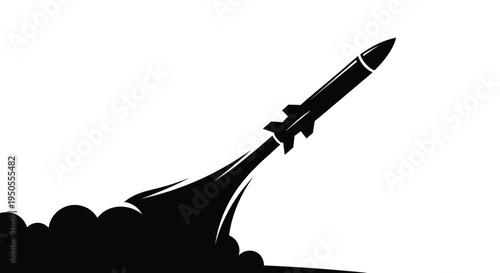 A striking black silhouette depicts a powerful rocket launching with intense exhaust flames against a stark white background