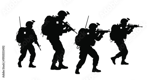 A silhouette of four soldiers advancing forward heavily armed with rifles and tactical gear in a combat formation