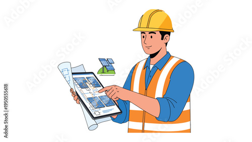 Energy Design and the Architect: An architect reviews project blueprints while also integrating sustainable solar panels into the structure.