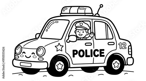Smiling cartoon police officer in car.