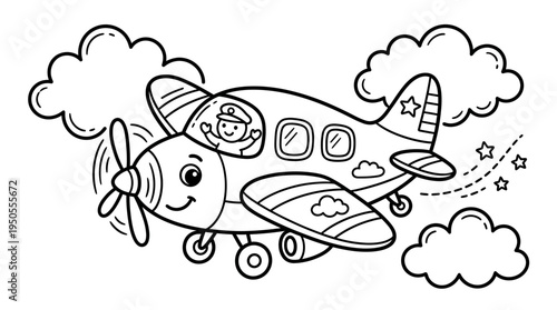 Smiling Airplane with Cartoon Face Flying.