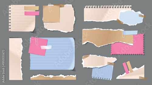Torn paper elements set design. Collection with colorful scraps with ripped edges with clips, memo jagged notepad sheets, sticky notes, cardboard grunge cut out different shapes. Vector illustration.