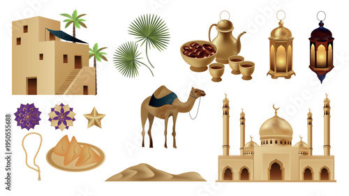 Traditional arabic middle eastern elements set design. Collection with traditional house, muslim mosque, lanterns, coffee in cups and pot, food, camel in dessert, palm leaves. Vector illustration.