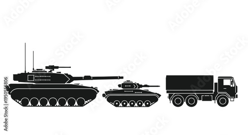 A stark black silhouette depicts a modern main battle tank alongside a military transport truck high quality professional detailed