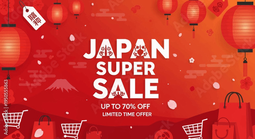 Japan Super Sale Banner with Red Lanterns, Shopping Bags, and Mount Fuji